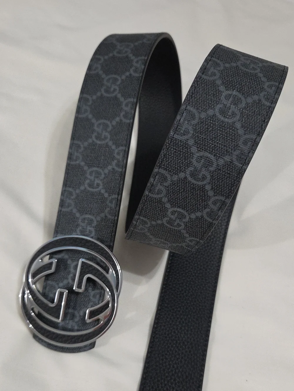 Gucci Black Leather Monogram Belt Silver Double GG Buckle
